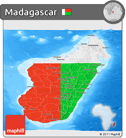 Flag Panoramic Map of Madagascar, single color outside, bathymetry sea, flag rotated