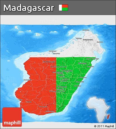 Flag Panoramic Map of Madagascar, single color outside, bathymetry sea, flag rotated