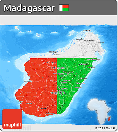 Flag Panoramic Map of Madagascar, single color outside, bathymetry sea, flag rotated