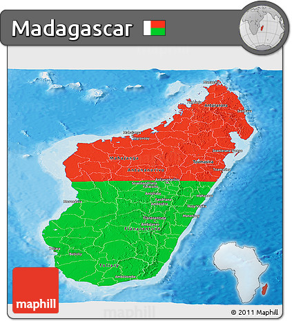 Flag Panoramic Map of Madagascar, single color outside, bathymetry sea, shaded relief sea, flag centered