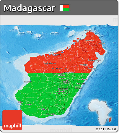 Flag Panoramic Map of Madagascar, single color outside, bathymetry sea, shaded relief sea, flag centered