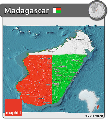 Flag Panoramic Map of Madagascar, single color outside, satellite sea, flag rotated