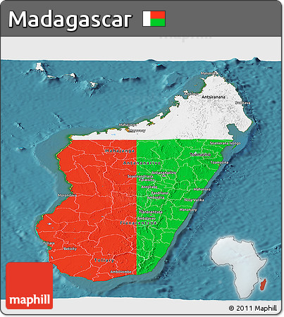Flag Panoramic Map of Madagascar, single color outside, satellite sea, flag rotated