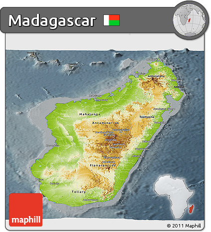 Physical Panoramic Map of Madagascar, darken, semi-desaturated