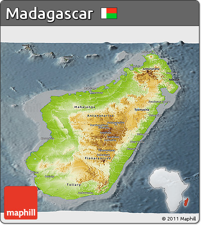 Physical Panoramic Map of Madagascar, darken, semi-desaturated