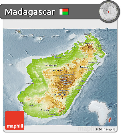 Physical Panoramic Map of Madagascar, semi-desaturated