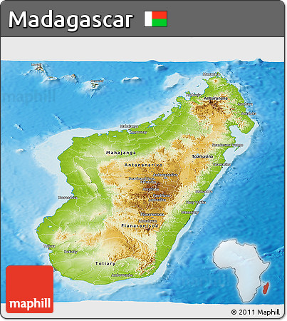 Physical Panoramic Map of Madagascar, semi-desaturated, land only