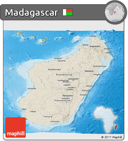 Shaded Relief Panoramic Map of Madagascar, physical outside