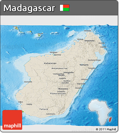 Shaded Relief Panoramic Map of Madagascar, physical outside