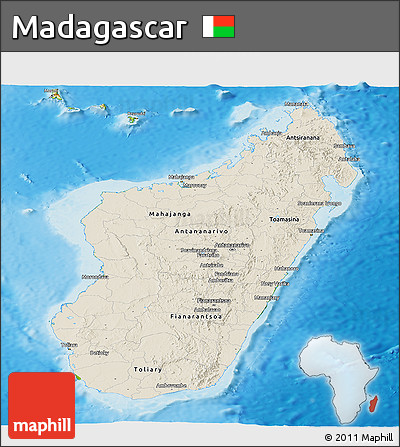 Shaded Relief Panoramic Map of Madagascar, physical outside