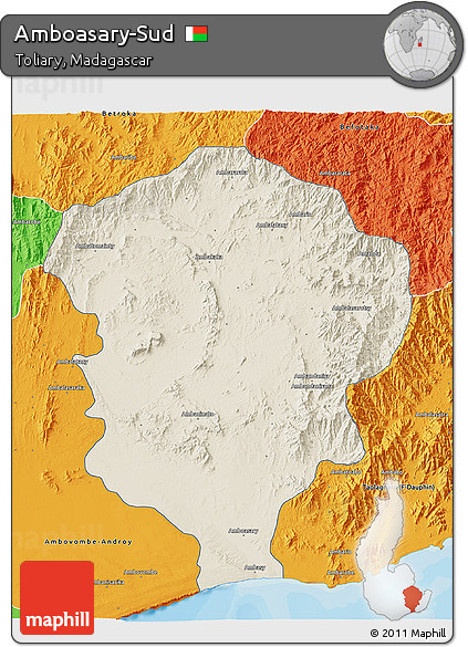 Shaded Relief 3D Map of Amboasary-Sud, political outside