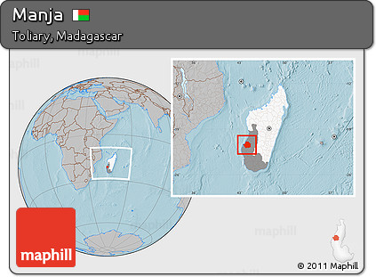 Gray Location Map of Manja, highlighted country, highlighted parent region, within the entire country, hill shading