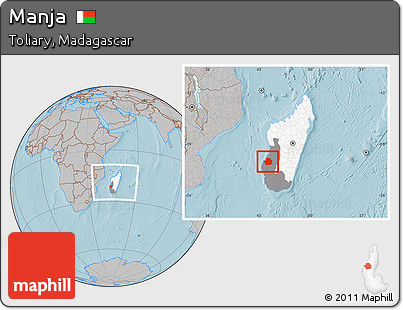Gray Location Map of Manja, highlighted country, highlighted parent region, within the entire country, hill shading