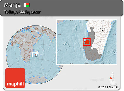 Gray Location Map of Manja, highlighted country, highlighted parent region, hill shading