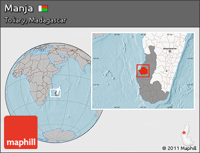 Gray Location Map of Manja, highlighted country, highlighted parent region, hill shading
