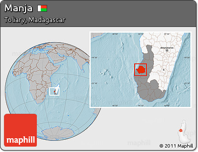 Gray Location Map of Manja, highlighted country, highlighted parent region, hill shading