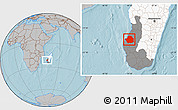 Gray Location Map of Manja, highlighted country, highlighted parent region, hill shading