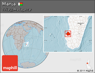 Gray Location Map of Manja, highlighted country, hill shading