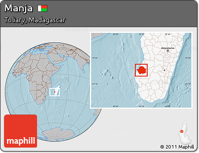 Gray Location Map of Manja, highlighted country, hill shading