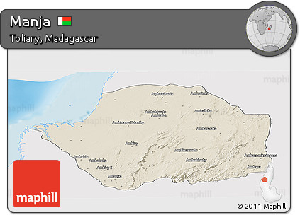 Shaded Relief Panoramic Map of Manja, single color outside