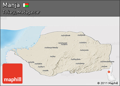 Shaded Relief Panoramic Map of Manja, single color outside
