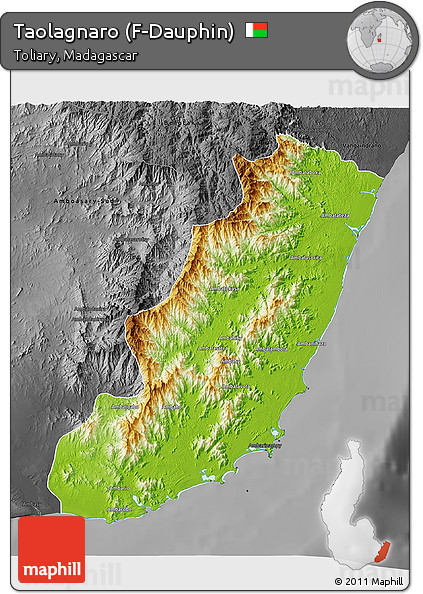 Physical 3D Map of Taolagnaro (F-Dauphin), darken, desaturated