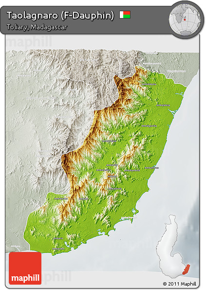 Physical 3D Map of Taolagnaro (F-Dauphin), lighten, semi-desaturated