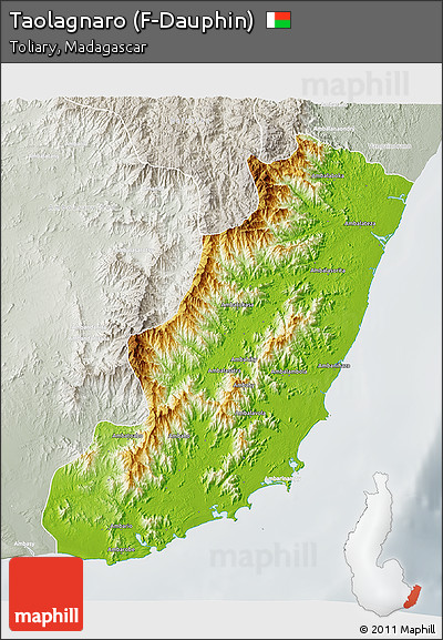 Physical 3D Map of Taolagnaro (F-Dauphin), lighten, semi-desaturated
