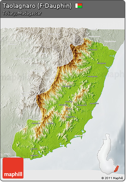 Physical 3D Map of Taolagnaro (F-Dauphin), lighten, semi-desaturated