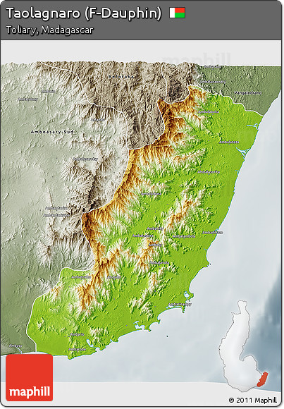 Physical 3D Map of Taolagnaro (F-Dauphin), semi-desaturated