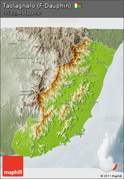 Physical 3D Map of Taolagnaro (F-Dauphin), semi-desaturated