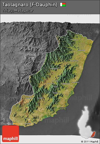 Satellite 3D Map of Taolagnaro (F-Dauphin), darken, desaturated