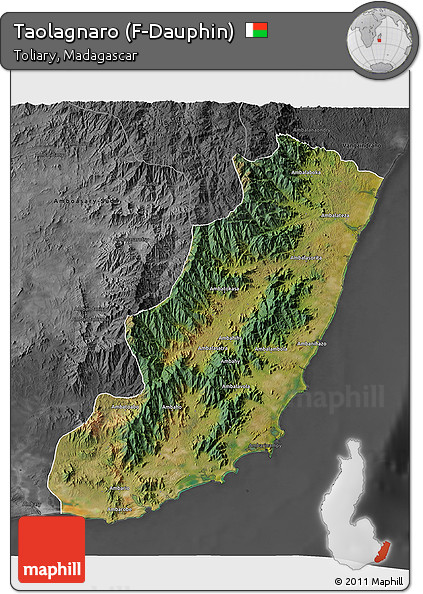 Satellite 3D Map of Taolagnaro (F-Dauphin), darken, desaturated