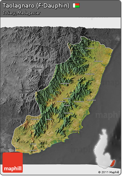 Satellite 3D Map of Taolagnaro (F-Dauphin), darken, desaturated