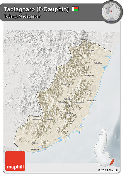 Shaded Relief 3D Map of Taolagnaro (F-Dauphin), lighten, semi-desaturated