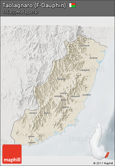 Shaded Relief 3D Map of Taolagnaro (F-Dauphin), lighten, semi-desaturated