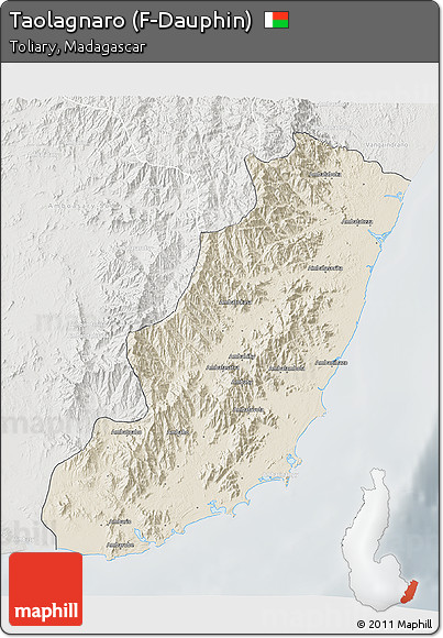 Shaded Relief 3D Map of Taolagnaro (F-Dauphin), lighten, semi-desaturated