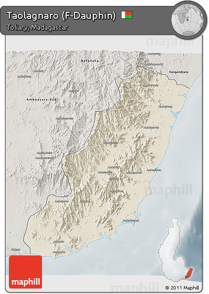 Shaded Relief 3D Map of Taolagnaro (F-Dauphin), semi-desaturated