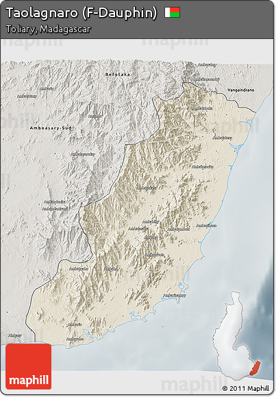 Shaded Relief 3D Map of Taolagnaro (F-Dauphin), semi-desaturated