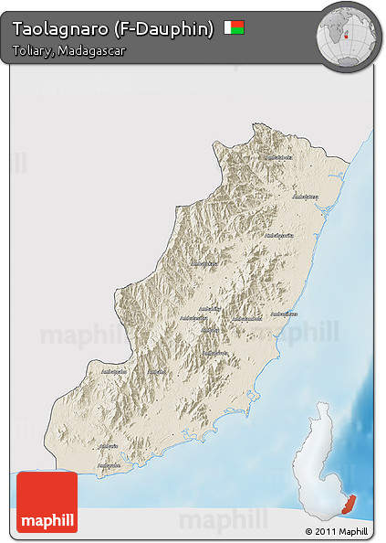 Shaded Relief 3D Map of Taolagnaro (F-Dauphin), single color outside