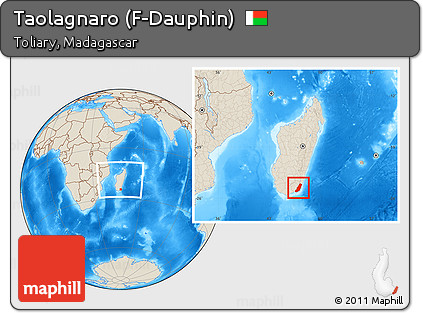 Shaded Relief Location Map of Taolagnaro (F-Dauphin), within the entire country