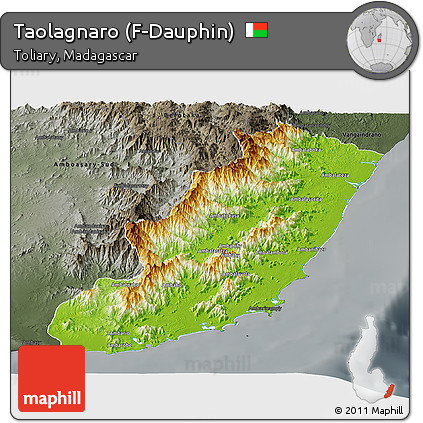 Physical Panoramic Map of Taolagnaro (F-Dauphin), darken, semi-desaturated