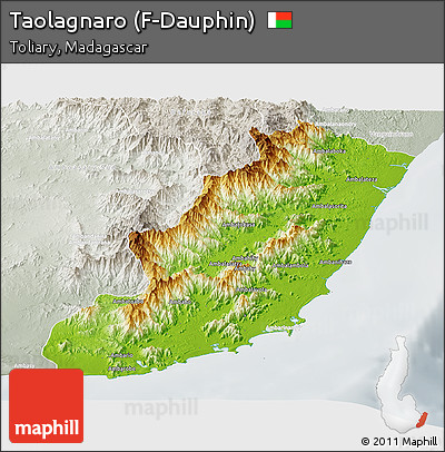 Physical Panoramic Map of Taolagnaro (F-Dauphin), lighten, semi-desaturated