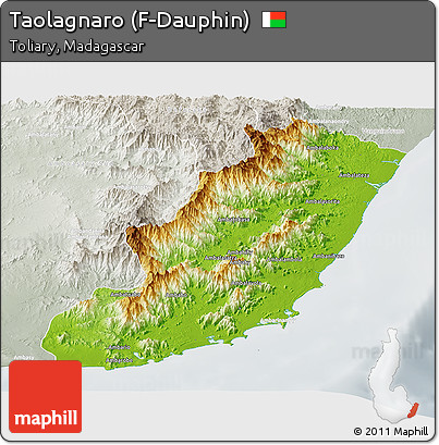 Physical Panoramic Map of Taolagnaro (F-Dauphin), lighten, semi-desaturated