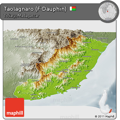 Physical Panoramic Map of Taolagnaro (F-Dauphin), semi-desaturated
