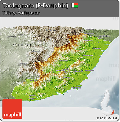 Physical Panoramic Map of Taolagnaro (F-Dauphin), semi-desaturated