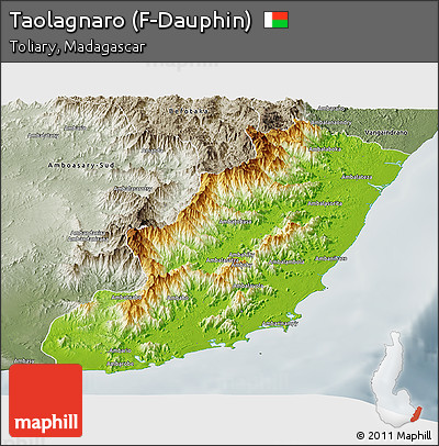 Physical Panoramic Map of Taolagnaro (F-Dauphin), semi-desaturated