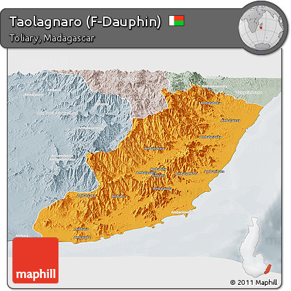 Political Panoramic Map of Taolagnaro (F-Dauphin), lighten, semi-desaturated