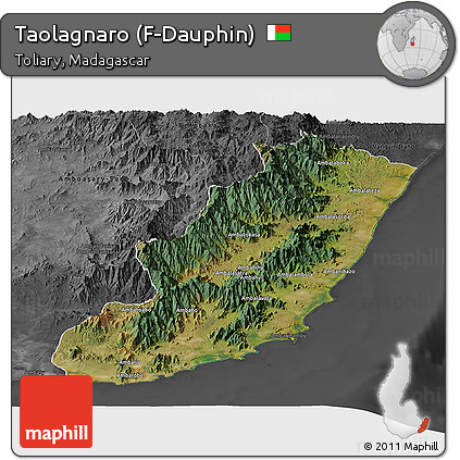 Satellite Panoramic Map of Taolagnaro (F-Dauphin), darken, desaturated
