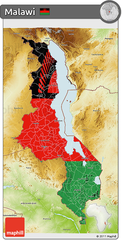 Flag 3D Map of Malawi, physical outside